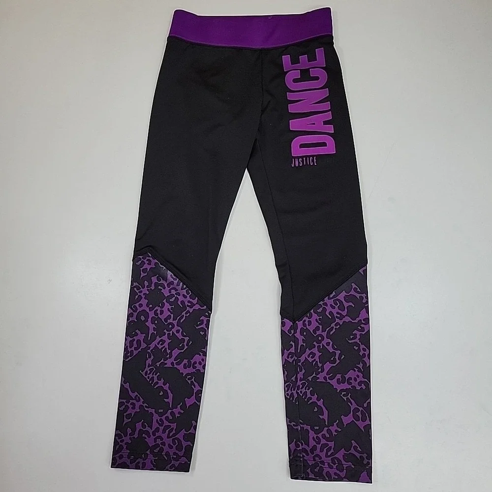 Justice Girls Leggings Yoga Pants Size 8 Workout Active Wear Purple/Black Preppy